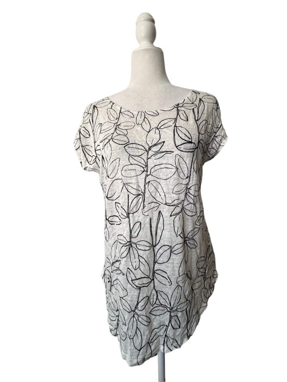 Cynthia Rowley White Floral Print 100% Linen Tee Flowy SZ M